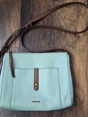 Fossil Mint Green and Brown Leather Crossbody